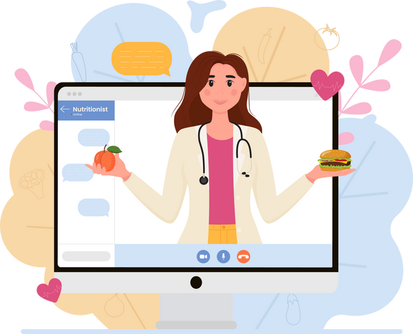 A female nutritionist on the monitor screen. Online course. Nutrition and diet therapy, medical consultation online.